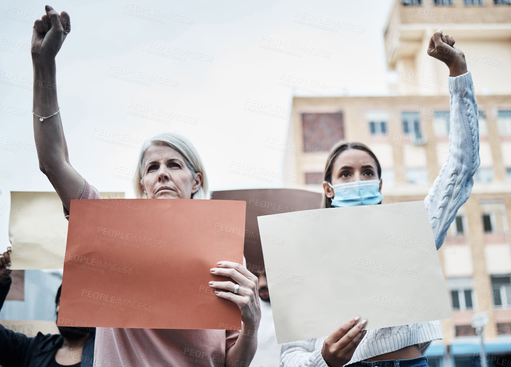 Buy stock photo Group, city and blank protest sign for vaccine, change and community freedom of choice for society mockup. Street, poster and people at rally outdoor for fight, human rights or politics revolution