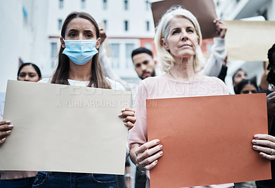 Buy stock photo Woman, people and protest, fight and city, vaccine and rights, choice and decision, poster or stop virus injection for safety. Crowd, society and support, vote and opinion, change and politics law