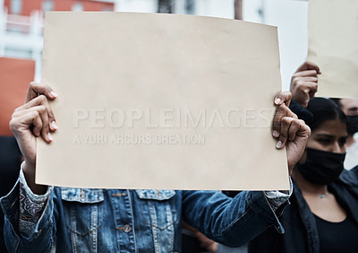 Buy stock photo Hands, city and blank protest sign for vaccine, change and community freedom of choice on mockup space. People, poster and group at rally outdoor for fight, human rights and revolution for Palestine