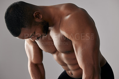 Buy stock photo Body muscle, fitness and tired black man in studio with abdomen for exercise or health isolated on white background. Abs, shirtless or strong bodybuilder model rest after training for sport workout