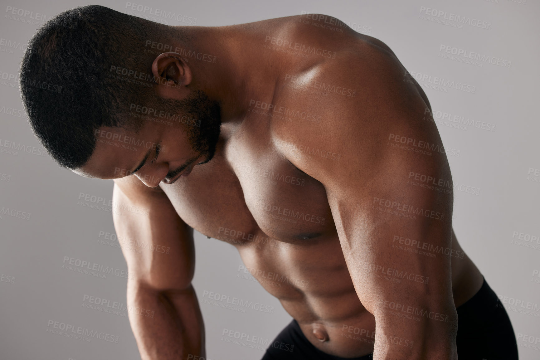 Buy stock photo Body muscle, fitness and tired black man in studio with abdomen for exercise or health isolated on white background. Abs, shirtless or strong bodybuilder model rest after training for sport workout