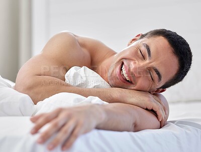 Buy stock photo Shirtless, sleep and man in bedroom, relax and smile on bed, happy and thinking in morning. Home, lazy and calm for rest, positive and comfort on mattress, apartment and person in weekend