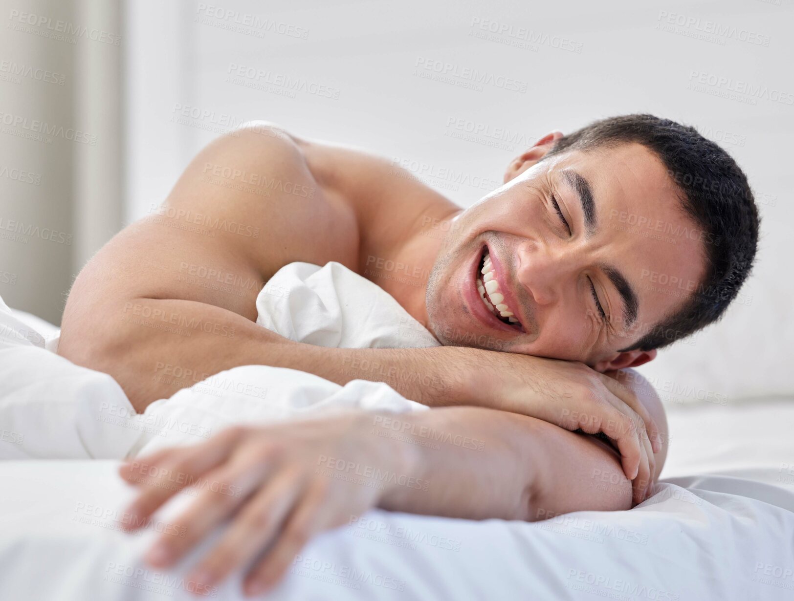 Buy stock photo Shirtless, sleep and man in bedroom, relax and smile on bed, happy and thinking in morning. Home, lazy and calm for rest, positive and comfort on mattress, apartment and person in weekend