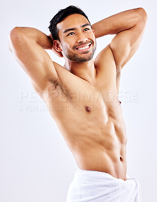 Buy stock photo Muscle, man and shower with towel for hygiene on studio background thinking of skincare in mockup. Beauty, model and person grooming with cosmetics in healthy routine for self care and happiness