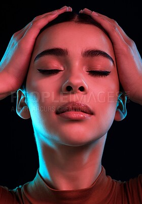 Buy stock photo Makeup, beauty and face of dancer in studio with neon light for performance, recital or concert. Cosmetic, creative and female ballerina with facial, cosmetology or beauty routine by black background