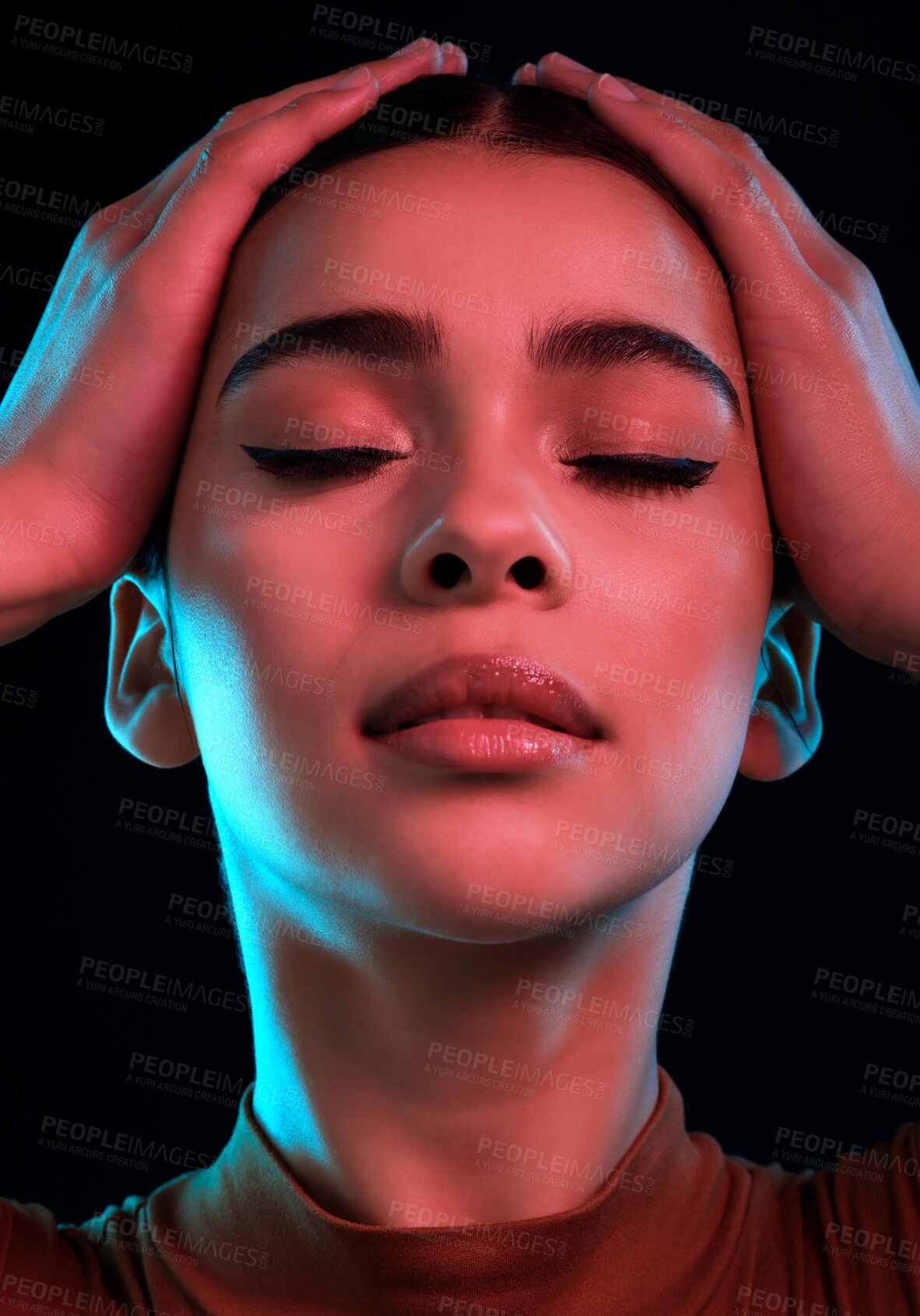Buy stock photo Makeup, beauty and face of dancer in studio with neon light for performance, recital or concert. Cosmetic, creative and female ballerina with facial, cosmetology or beauty routine by black background
