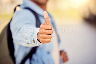 Buy stock photo City, student or man with thumbs up for travel, good news or like for feedback on street or road. Positive icon, great hand gesture or tourist with thank you smile, yes sign or vote for okay review