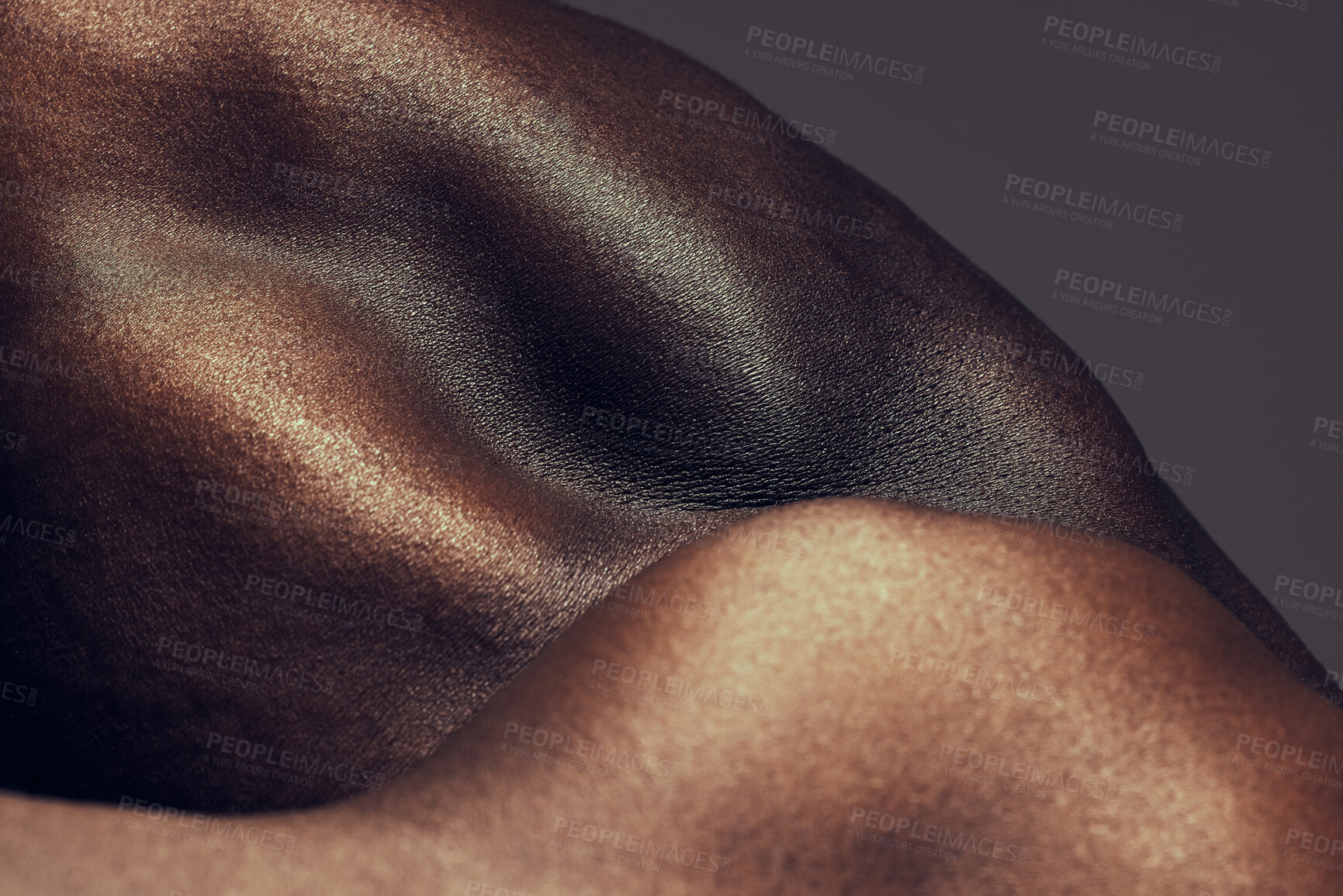 Buy stock photo Muscle, skin and shoulder of black man with fitness, art and bodybuilder on studio background. Wellness, health and strong athlete with power, flex and creative aesthetic for gym results in body care