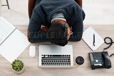 Buy stock photo Sleeping, business man and call center desk from above with fatigue in office. Telemarketing, contact us and phone consultation worker feeling tired and overworked at company with deadline and sleep