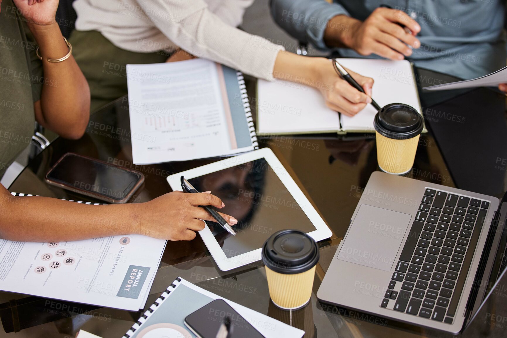 Buy stock photo Hands, technology and diversity in office for teamwork, brainstorming and together for meeting. Business deal, coffee and tablet for planning, strategy and collaboration for company with documents