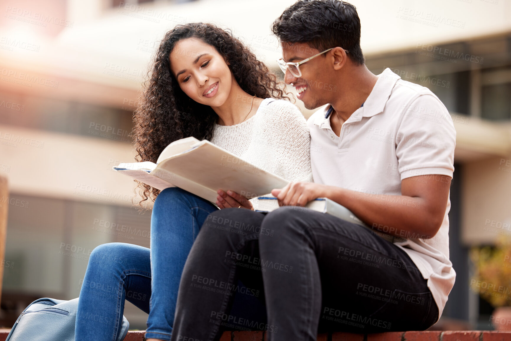 Buy stock photo Study, university and man and woman with book on campus for learning, knowledge and studying. Education, friendship and male and female students with textbook for information, research and college