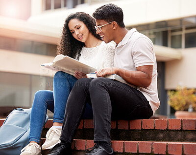 Buy stock photo Reading, university and man and woman with book on campus for learning, knowledge and studying. Education, friends and male and female students with textbook for information, research or college