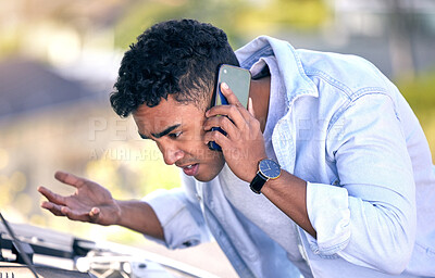 Buy stock photo Man, phone and call with car problem on road for help by mechanic, support and emergency assistance. Driver, smartphone and check with engine fail in motor for solution, fuel and accident outdoor