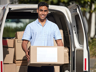 Buy stock photo Smile, van or portrait of delivery man with box, product or package for commercial shipping or business. Outdoor, driver or courier worker in freight industry, supply chain for distribution service