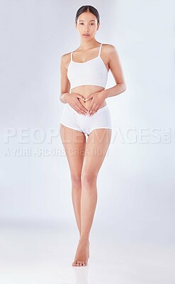 Buy stock photo Body, health and portrait of woman in underwear on studio white background for digestion or gut health. Beauty, fitness or skincare and natural model confident with dermatology, diet or nutrition