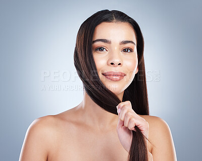 Buy stock photo Hair care, pride and portrait of woman in studio for treatment, healthy texture and satisfaction. Female person, smile and confidence with shine for hairdresser, shampoo or growth on white background