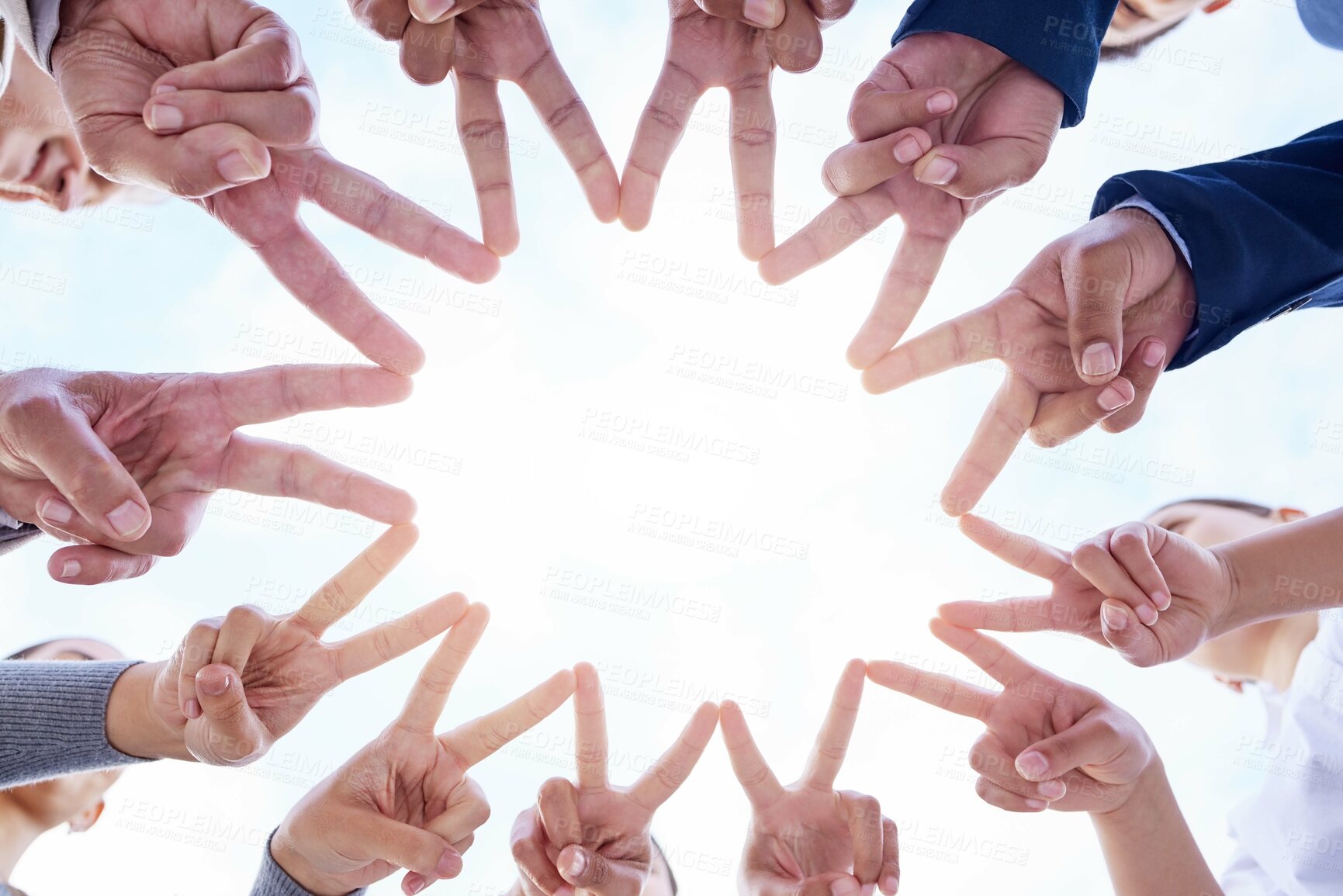 Buy stock photo Business, people and hands for peace solidarity in outdoor, support and collaboration with trust of partnership agreement. Staff, low angle and teamwork together for sign, synergy or mission goals