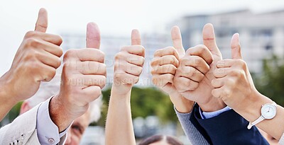 Buy stock photo Corporate, business people and hands with thumbs up in city for team building, support and motivation. Employees, meeting and celebration with emoji for partnership, success and good news in New York