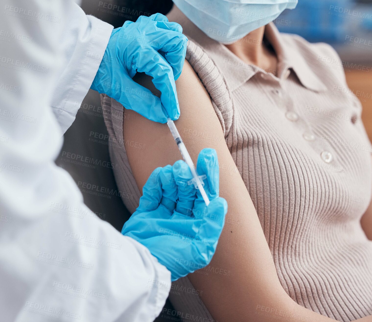 Buy stock photo Medical, hands and doctor with patient for vaccine in clinic for healthcare, treatment and prevention. Closeup, woman and injection with needle for flu shot, medicare and syringe in hospital