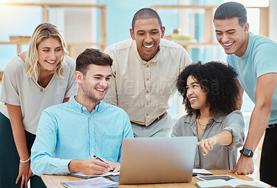 Buy stock photo Happy business people watching a laptop in an office, laughing and bonding during a conference call. Diverse team discussing strategy while looking at an online presentation together, sharing ideas