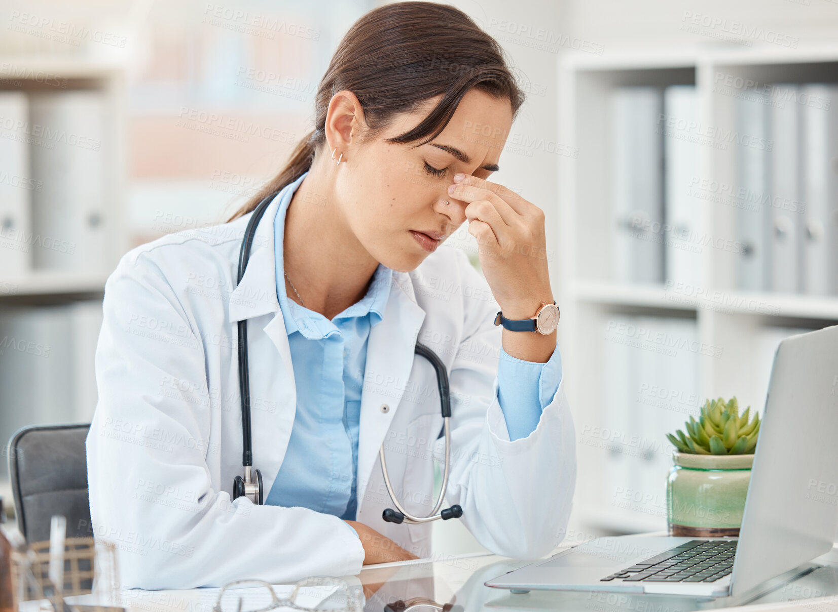 Buy stock photo Headache pain, doctor stress and burnout from hospital work on laptop, sad about mental health problem and anxiety working in healthcare. Tired medical nurse with depression and mistake at clinic