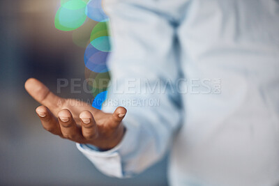 Buy stock photo Businessman, hands and help offer with palm space for donation, charity and funding support for future growth with bokeh. Come, reaching and entrepreneur with vision for deal, share and hope gesture