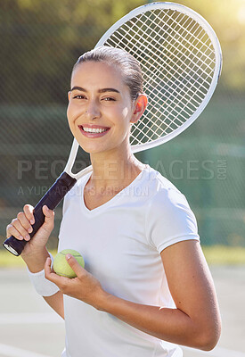 Buy stock photo Tennis game, sports portrait and woman training for professional event, happy on court in summer and smile for motivation in competition. Athlete ready for outdoor match, fitness and exercise