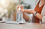 Business woman hands sanitizer, covid hygiene and office protocol for healthcare safety, corona virus protection and cleaning compliance. Responsible work disinfection of germs, bacteria or flu risk
