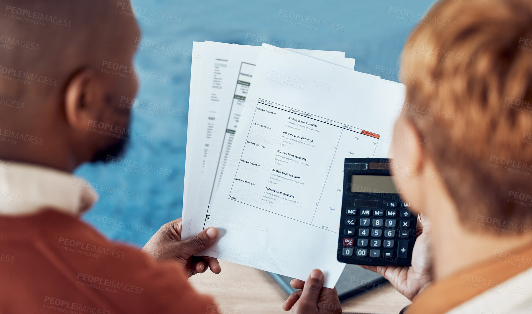 Buy stock photo Financial bills, documents and couple with calculator for home accounting of mortgage loan, insurance or payment. Taxes, debt and black woman and man review finance paperwork, invoice or bank balance