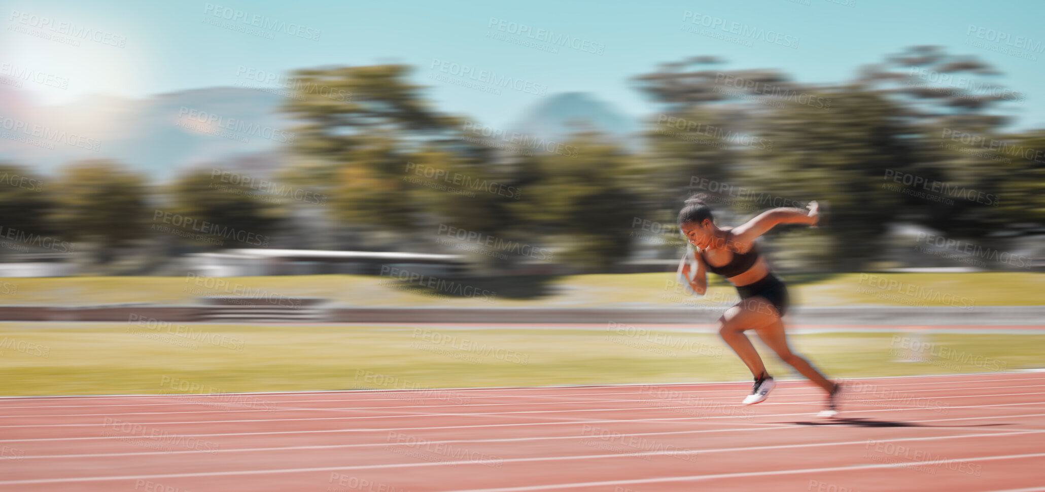 Buy stock photo Speed, track and fast woman running for fitness health, exercise and workout for marathon race, contest or competition. Sports commitment, sprint action or athlete runner training outdoors