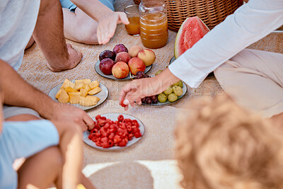 Buy stock photo Picnic, fruit and hands of friends in park enjoying garden party, social gathering and celebration in summer. Friendship, food and people have fun and relax on holiday, vacation and weekend together