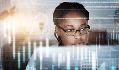 Buy stock photo Stock market graphic, cyber security overlay and business woman working and thinking about data. Black woman, fintech and financial employee busy with accounting, invest innovation and website 