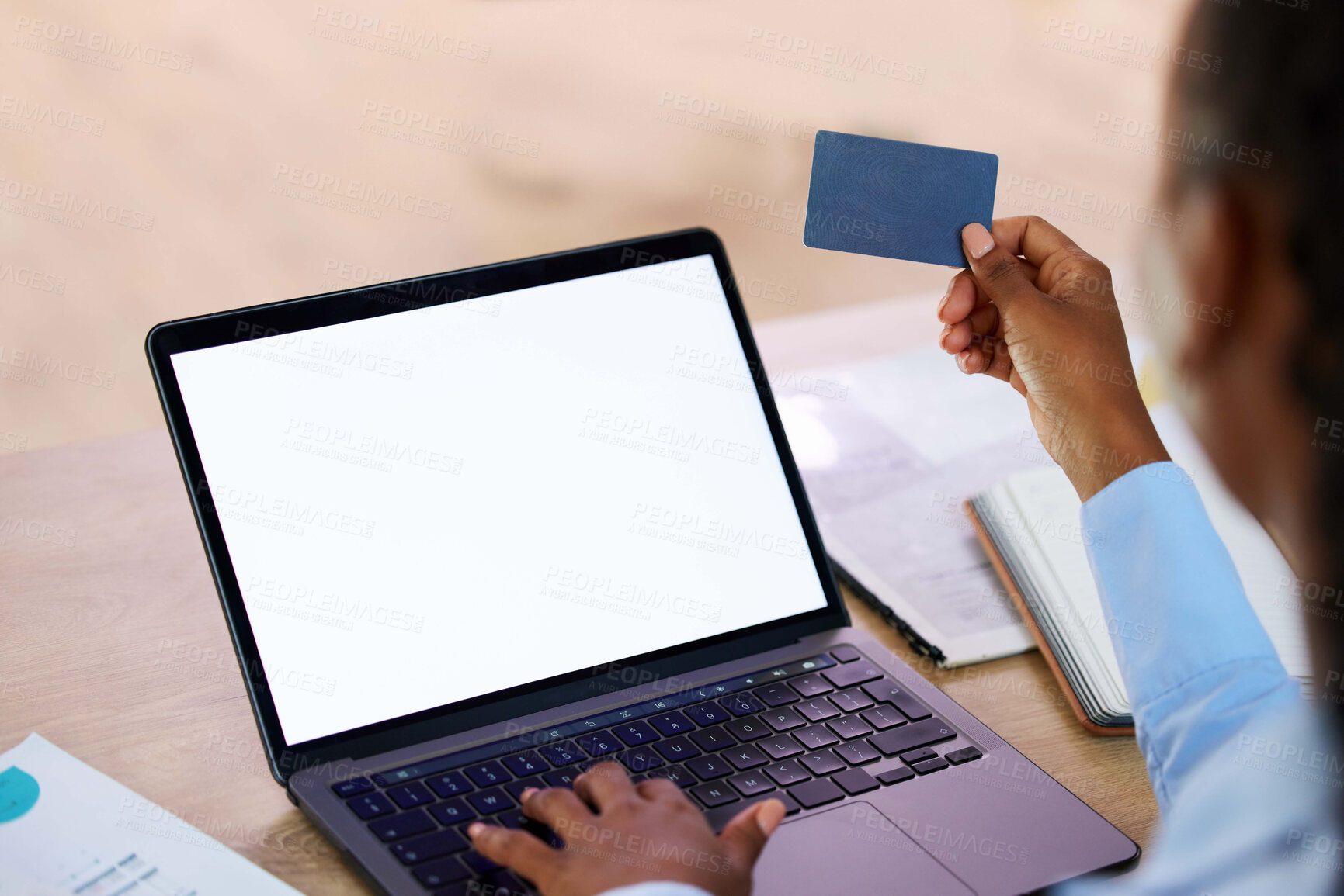 Buy stock photo Hands, credit card or laptop mockup for online payment, business investment or savings insurance mock up. Zoom, black woman or technology blank screen for finance worker on fintech website for budget