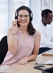 Call center, portrait and friendly woman for telemarketing sales, customer services or virtual consulting smile. Telecom, technical support or ecommerce consultant, agent or help desk worker talking