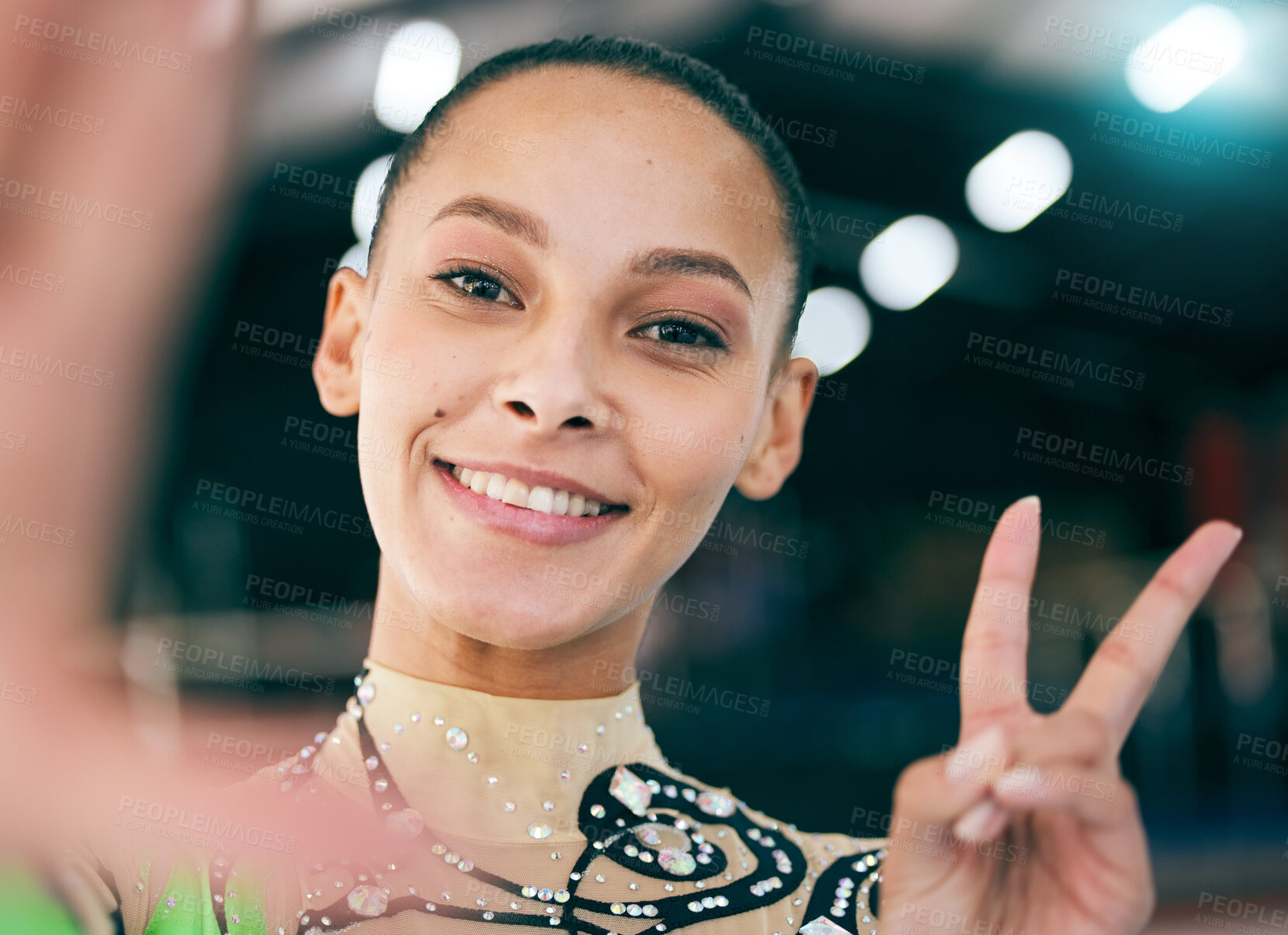 Buy stock photo Selfie, peace and competition with a black woman gymnast in a gym posing for a picture while training alone. Portrait, hand sign and gymnastics with a female athlete in a studio for fitness or exercise