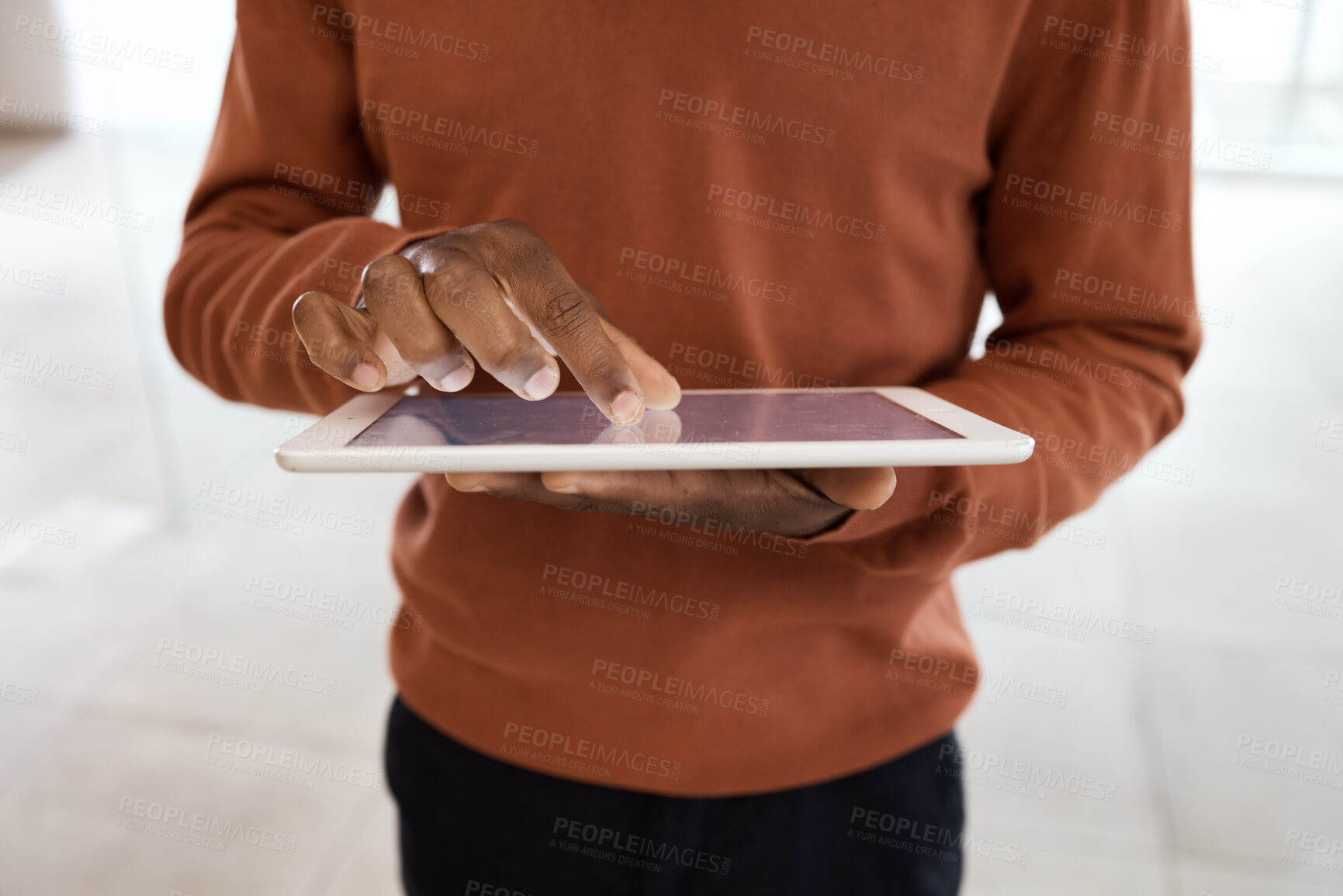 Buy stock photo Tablet, research and hands of black man for website, online shopping and text on social media. Technology, communication with male scroll and browse internet for networking, email and connection