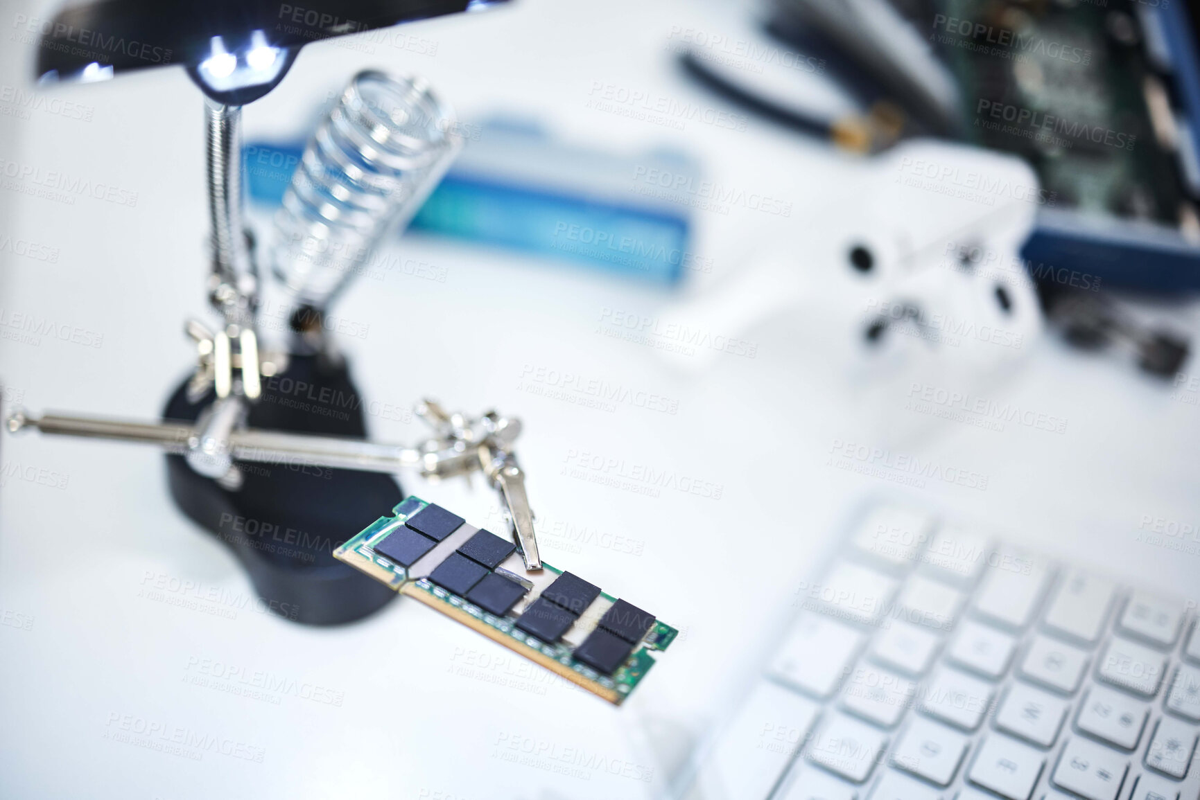 Buy stock photo Microchip, technology and engineering with computer maintenance and IT, motherboard and circuit board. Tech support, repair drive and semiconductor with science, hardware and electronics in lab