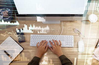 Buy stock photo Hands on keyboard, computer overlay and business woman for typing for information technology or research. Online for trading database, cybersecurity or futuristic ai for data analysis or invest