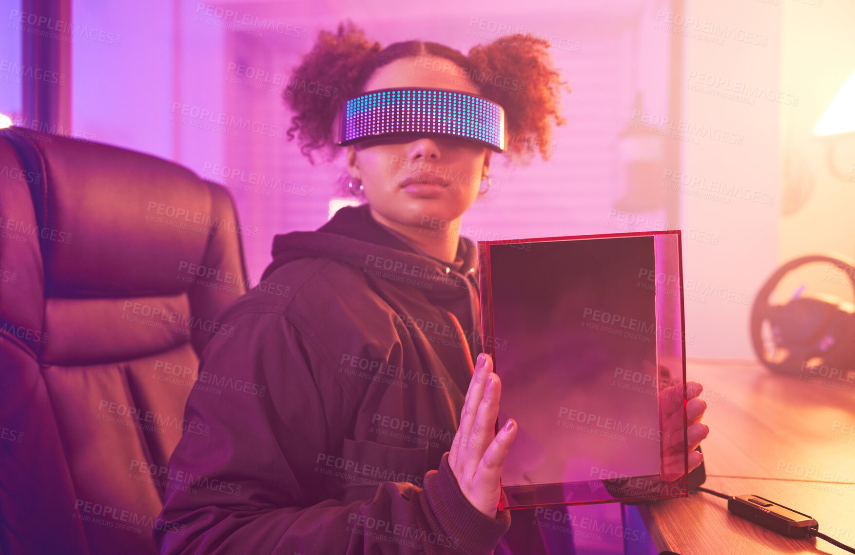Buy stock photo Woman, virtual reality glasses and 3d metaverse gamer for futuristic gaming in room. Person with vr tech and frame for ar, scifi and cyber world experience while streaming online digital fantasy game