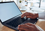 Laptop mockup, black man and hands on keyboard, marketing media space or planning data coming soon. Closeup worker, mock up computer screen and technology for research, seo or advertising placeholder