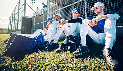 Buy stock photo Baseball team, sitting and grass for training, relax and conversation with men, sports or solidarity. Man, friends and sport with teamwork, diversity and talk for match, game or competition in summer