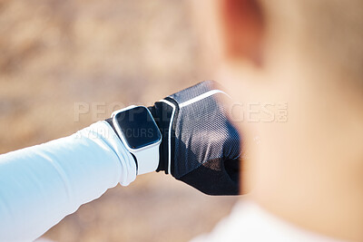 Buy stock photo Watch, active and time on hand of person in a race as a stopwatch during exercise, sports and workout outdoors. Tracking, tracker and smartwatch on male athlete or runner timing his training session