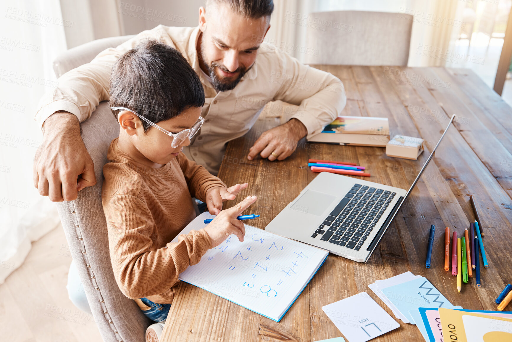 Buy stock photo Learning, math education and father with kid in home with book for studying, homework or homeschool. Development, growth and boy or child with happy man teaching him how to count, bonding and care.