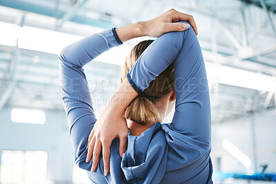 Buy stock photo Back, stretching arm and woman at gym for health, fitness and wellness. Sports, athlete and person warm up, stretch and getting ready for workout, training or exercise for flexibility or strength.