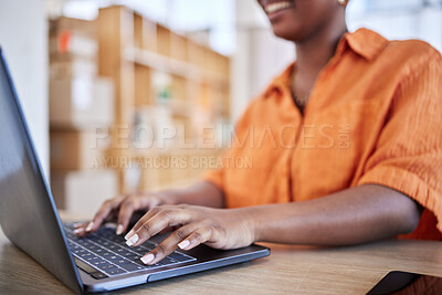 Buy stock photo Hands, writer or happy woman typing on laptop for networking on email or online research on keyboard. Editing closeup, digital or girl copywriting on blog website, feedback or internet articles 