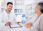 Medicine, senior woman and pharmacist with advice on prescription drugs or shopping at a pharmacy or pharmaceutical store. Helping, medical expert in retail and conversation about healthcare