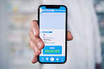 Doctor, hands and phone with QR code for diagnosis, healthcare results or screening at pharmacy. Closeup of male person, pharmacist or medical expert show mobile smartphone app, monkeypox or display