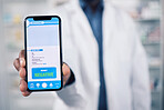 Doctor, hands and phone with QR code for healthcare results, advertising or screening at pharmacy. Closeup of male person, pharmacist or medical professional show mobile smartphone app or display