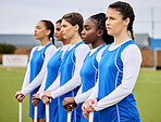 Teamwork, sports and hockey with women on field for workout, challenge and support. Fitness, competition and training with female athletes at tournament for health, community and exercise together