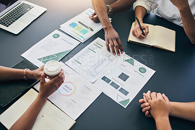 Buy stock photo Planning, meeting and above business people with marketing strategy, report and employees brainstorming in office. Teamwork, project and group in analysis of financial opportunity in Mexico workspace